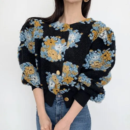 Joskaa Christmas Gift Stylish Temperament Jacket Lantern Sleeve Slim Waist Coat Female 2024 Autumn New 3D Flower Plush O-neck Women Jackets
