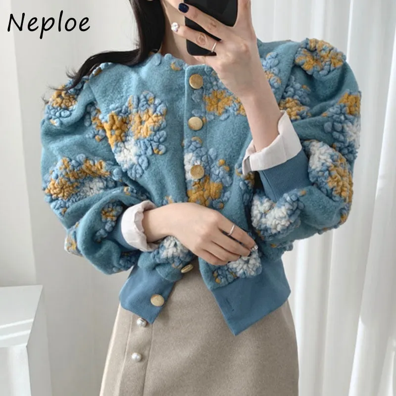 Joskaa Christmas Gift Stylish Temperament Jacket Lantern Sleeve Slim Waist Coat Female 2024 Autumn New 3D Flower Plush O-neck Women Jackets