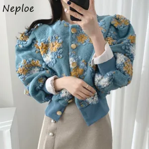 Joskaa Christmas Gift Stylish Temperament Jacket Lantern Sleeve Slim Waist Coat Female 2024 Autumn New 3D Flower Plush O-neck Women Jackets