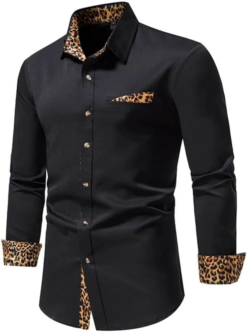 Kinkia Men's Dress Shirts Regular Fit Stretch Long Sleeve Leopard Collar Button Down Shirt for Wedding Business