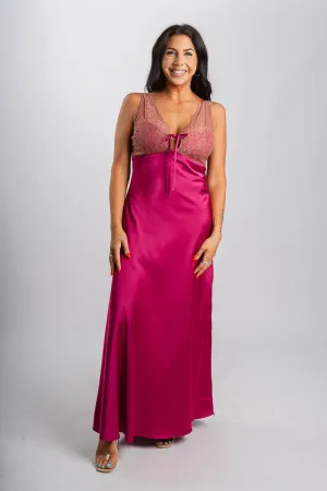 Lace trim midi dress magenta rose