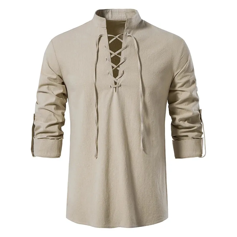 Linen V-Neck Lace-Up Shirt