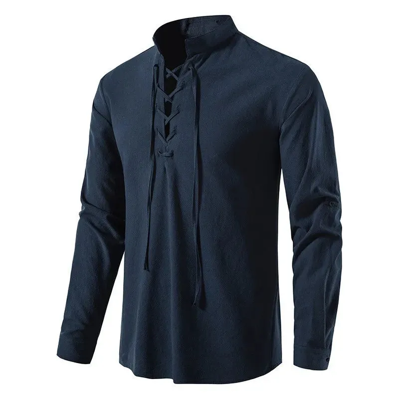 Linen V-Neck Lace-Up Shirt
