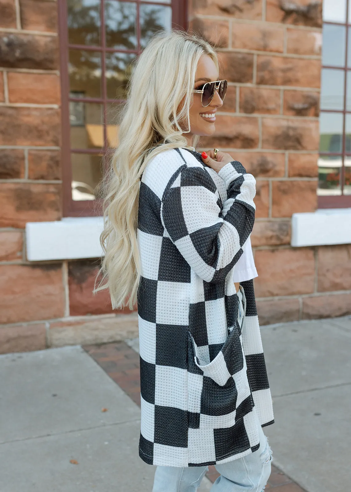 Lola White & Black Check Waffle Cardigan