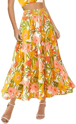 Long Skirts for Women Trendy Summer High Waisted Flowy Tiered Floral Maxi Skirts Casual A-Line Pleated Boho Skirt