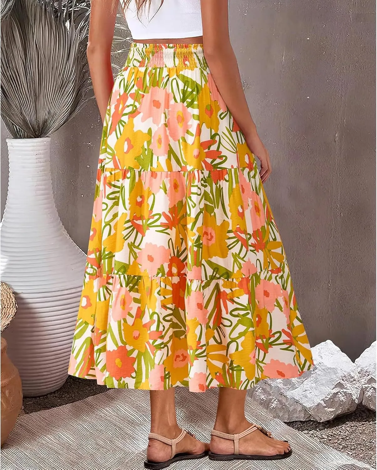 Long Skirts for Women Trendy Summer High Waisted Flowy Tiered Floral Maxi Skirts Casual A-Line Pleated Boho Skirt