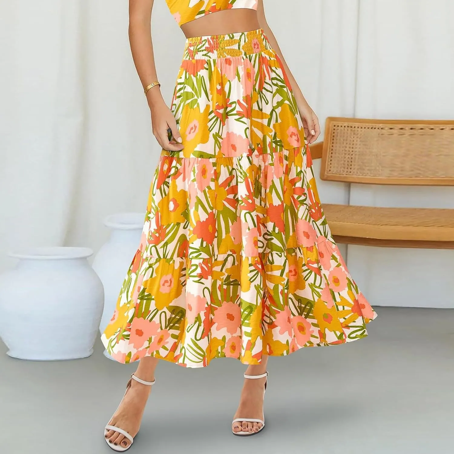 Long Skirts for Women Trendy Summer High Waisted Flowy Tiered Floral Maxi Skirts Casual A-Line Pleated Boho Skirt