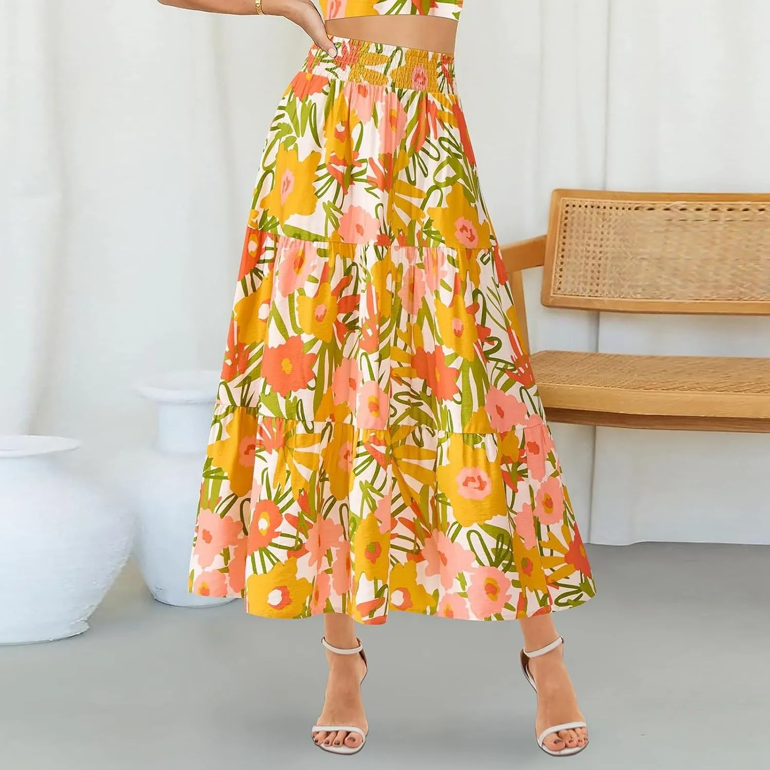 Long Skirts for Women Trendy Summer High Waisted Flowy Tiered Floral Maxi Skirts Casual A-Line Pleated Boho Skirt