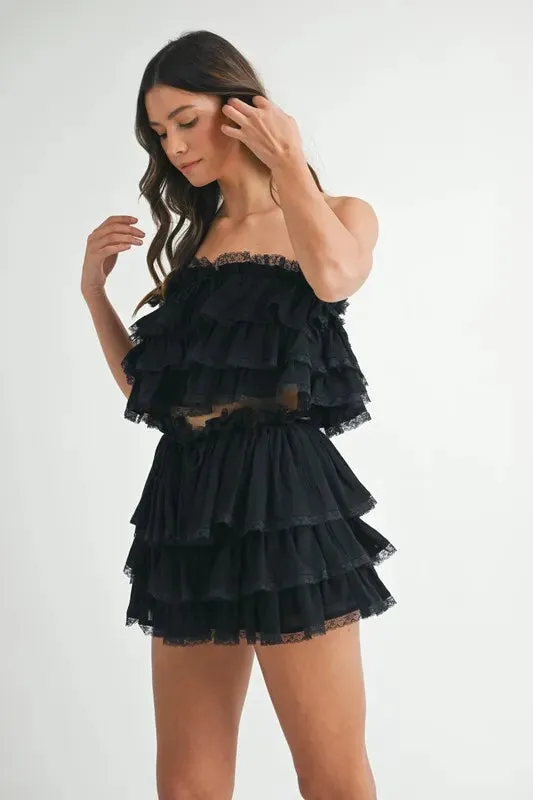 MABLE Ruffle Layered Crop Top and Mini Skirt Set In Black