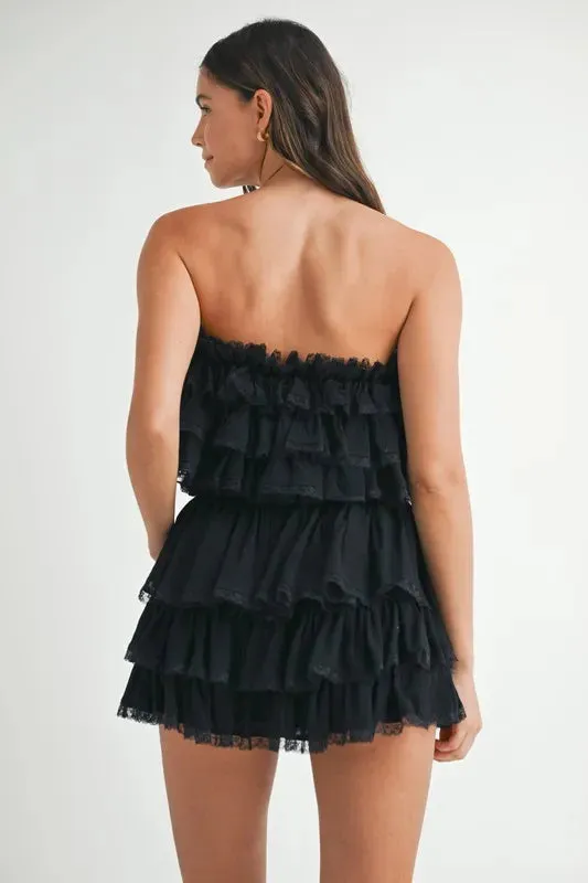 MABLE Ruffle Layered Crop Top and Mini Skirt Set In Black