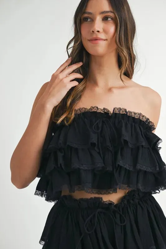 MABLE Ruffle Layered Crop Top and Mini Skirt Set In Black