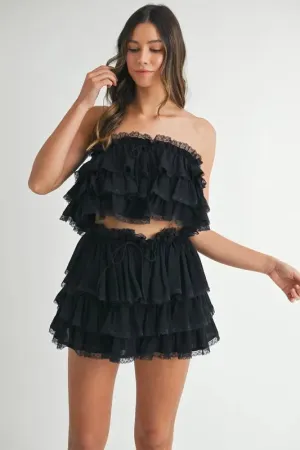 MABLE Ruffle Layered Crop Top and Mini Skirt Set In Black