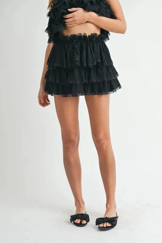 MABLE Ruffle Layered Crop Top and Mini Skirt Set In Black