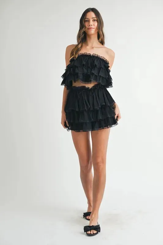 MABLE Ruffle Layered Crop Top and Mini Skirt Set In Black