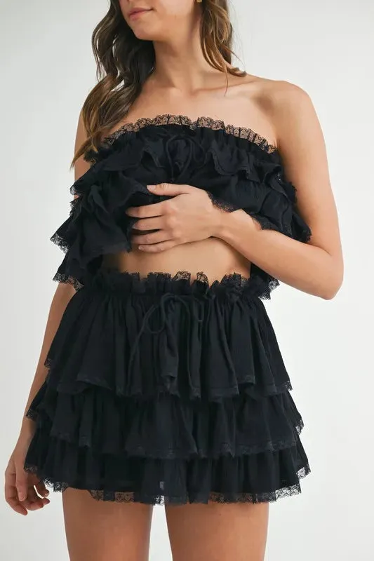 MABLE Ruffle Layered Crop Top and Mini Skirt Set In Black