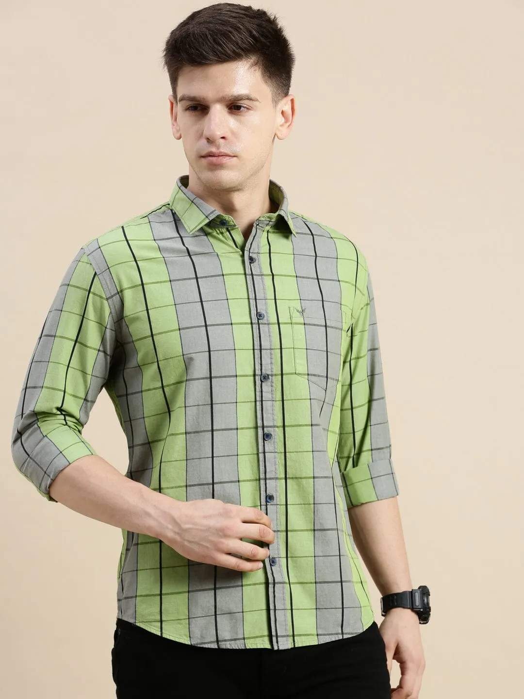Men Green Standard Slim Fit Checked Spread Collar Long Sleeves Cotton Casual Shirt