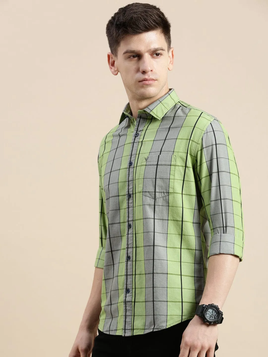 Men Green Standard Slim Fit Checked Spread Collar Long Sleeves Cotton Casual Shirt