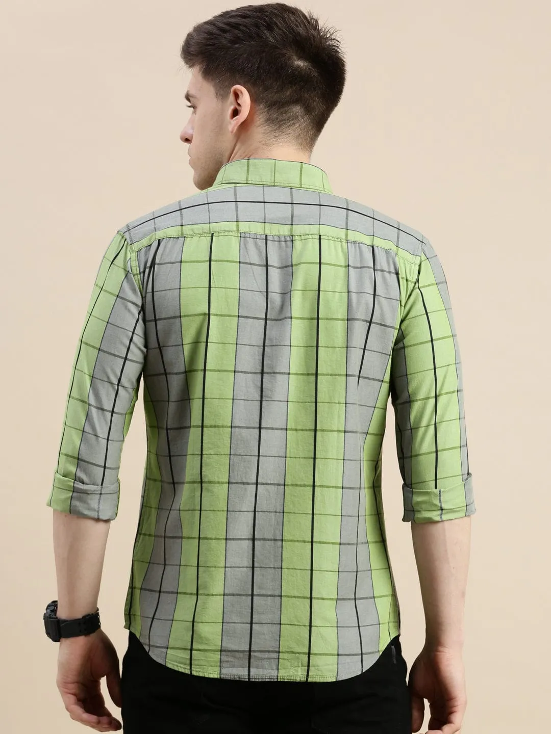 Men Green Standard Slim Fit Checked Spread Collar Long Sleeves Cotton Casual Shirt