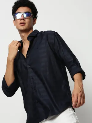 Men Navy Blue Horizontal Striped Slim Fit Cotton Casual Shirt
