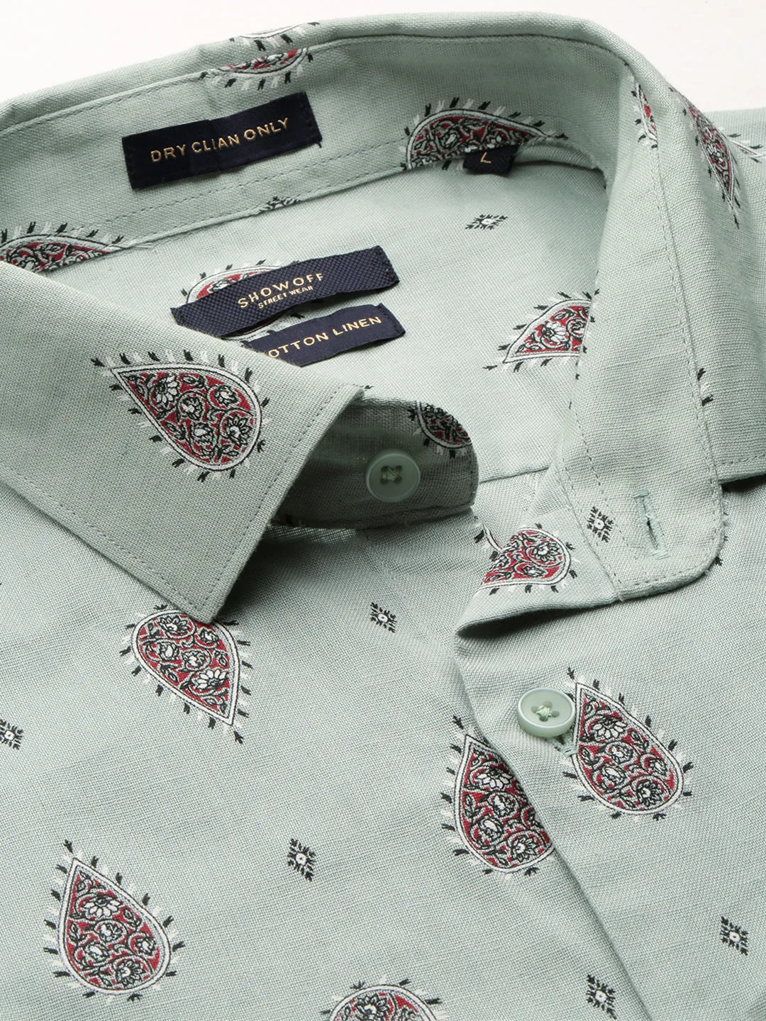 Men Sea Green Premium Slim Fit Conversational Printed Cotton Linen Casual Shirt