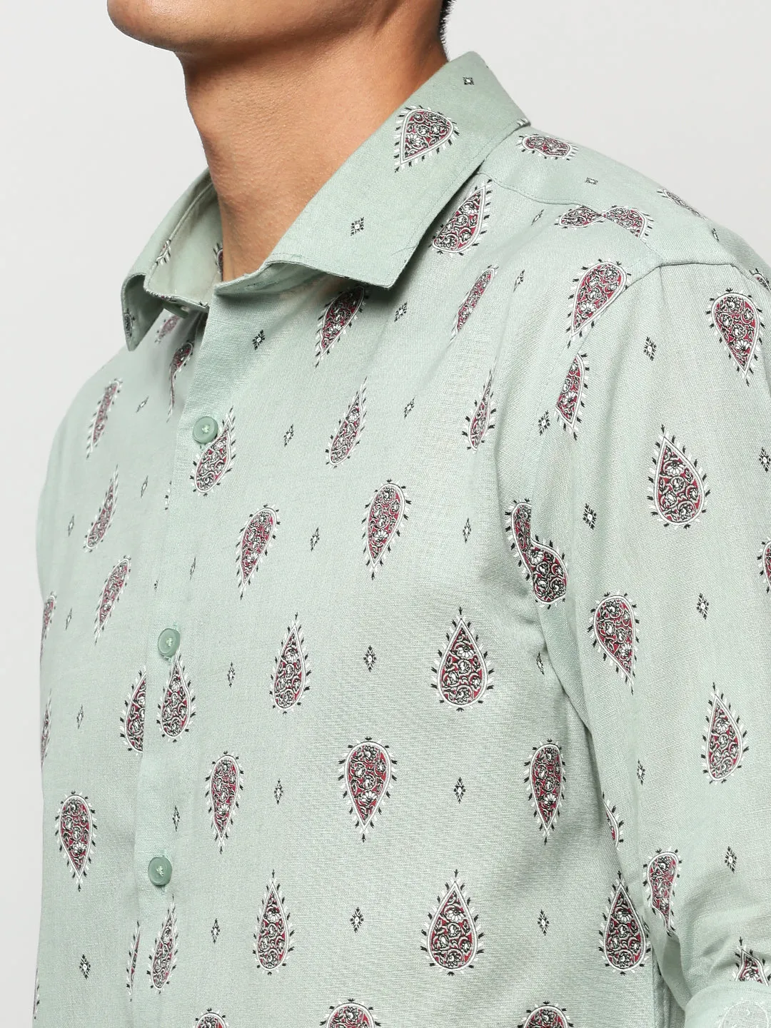 Men Sea Green Premium Slim Fit Conversational Printed Cotton Linen Casual Shirt
