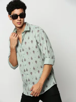 Men Sea Green Premium Slim Fit Conversational Printed Cotton Linen Casual Shirt