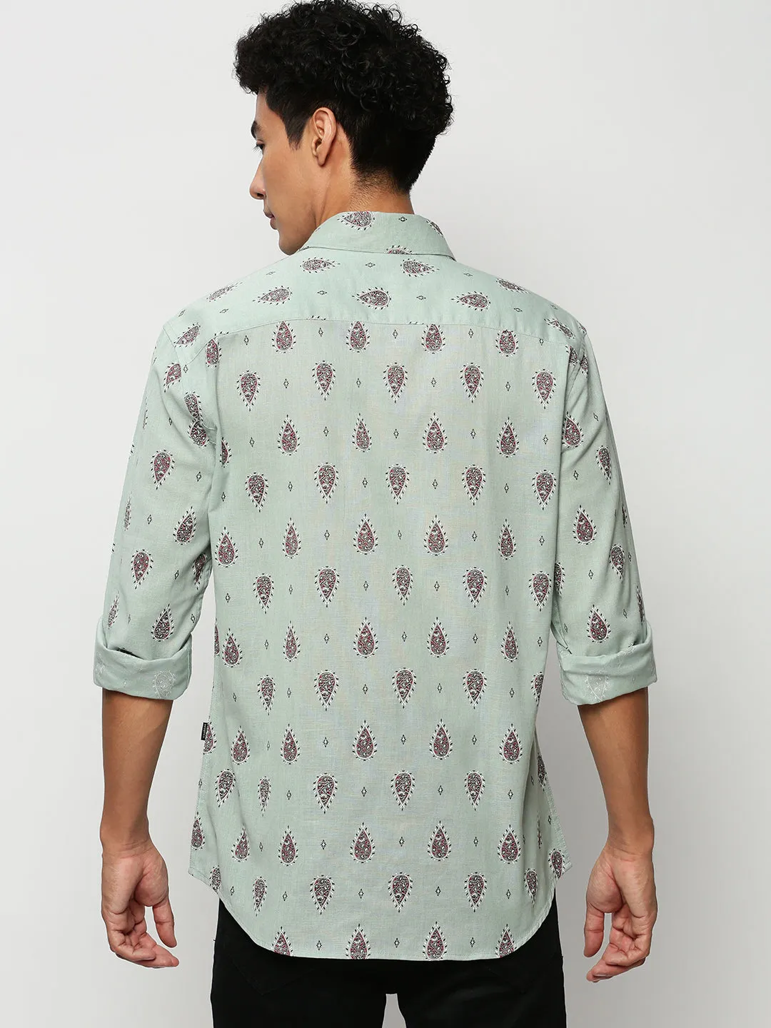 Men Sea Green Premium Slim Fit Conversational Printed Cotton Linen Casual Shirt