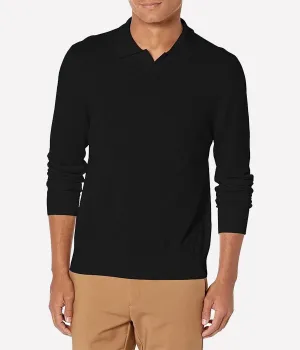 Merino Long Sleeve Johnny Collar in Black
