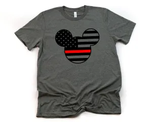 Mickey Fire Fighter Red Line Adult Unisex T shirt - Red Stripe Flag - Mickey Mouse T Shirt