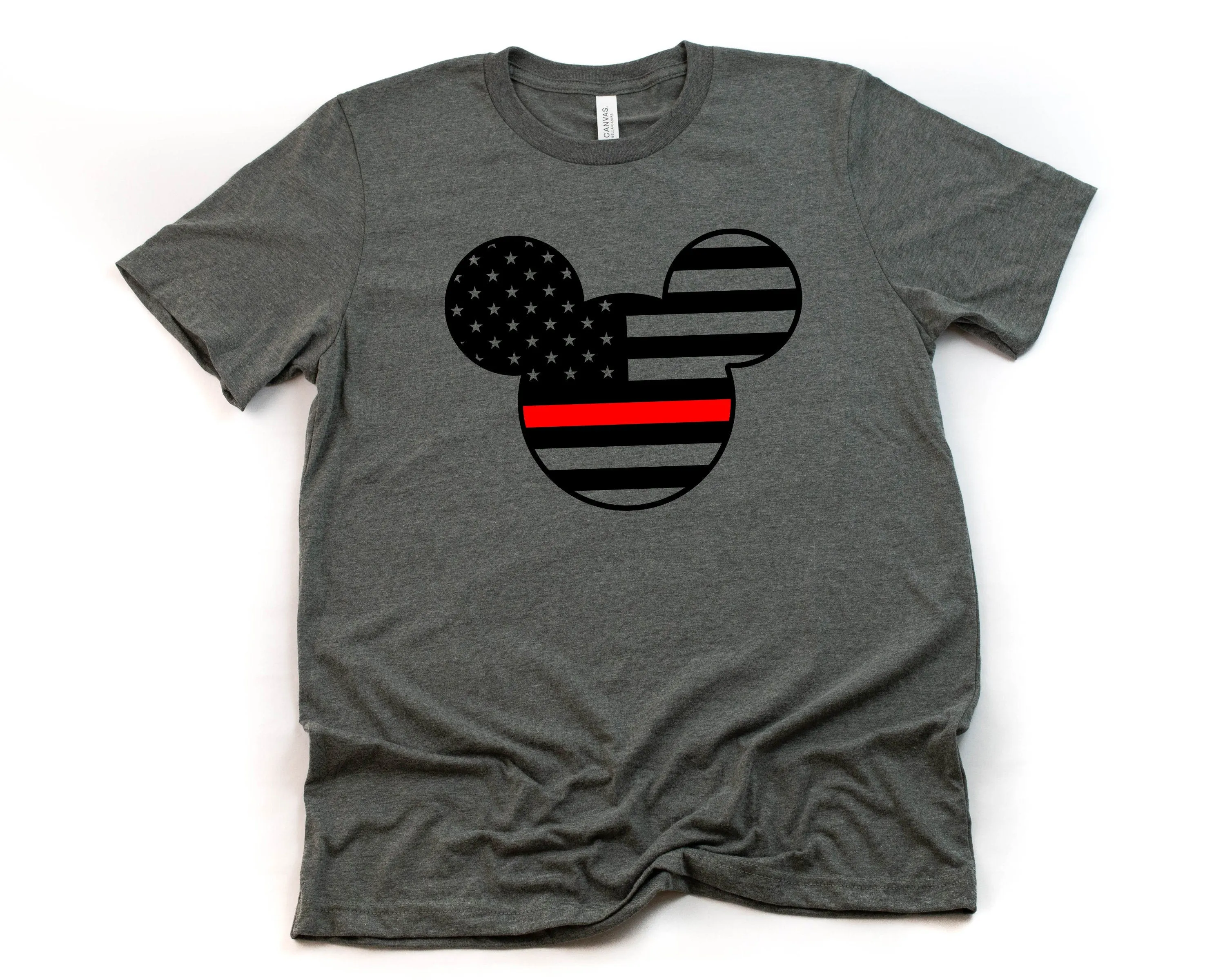 Mickey Fire Fighter Red Line Adult Unisex T shirt - Red Stripe Flag - Mickey Mouse T Shirt