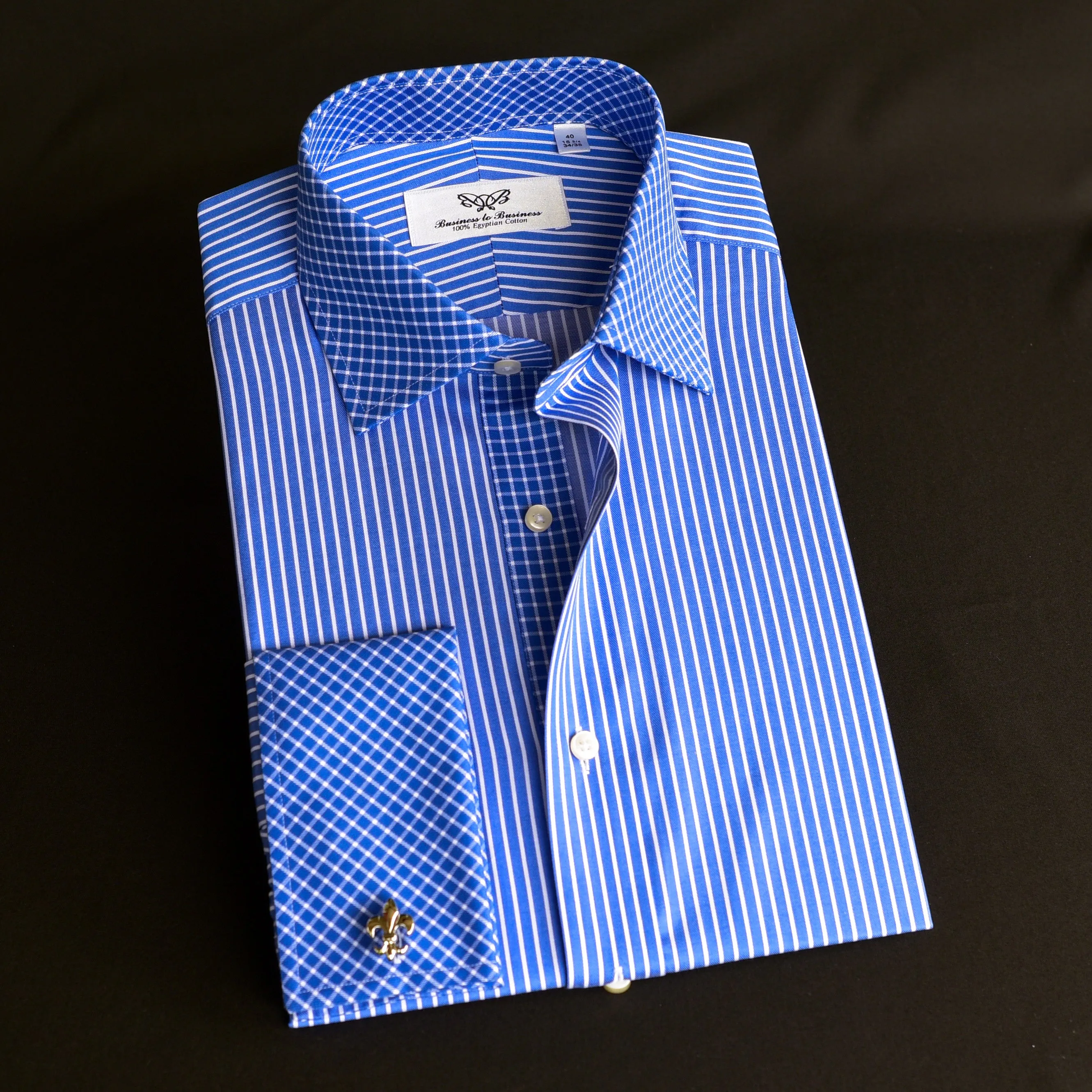 New Arrival Blue Stripe  Check Contrast Collar And Cuffs Formal Business Dress Luxury Fashion