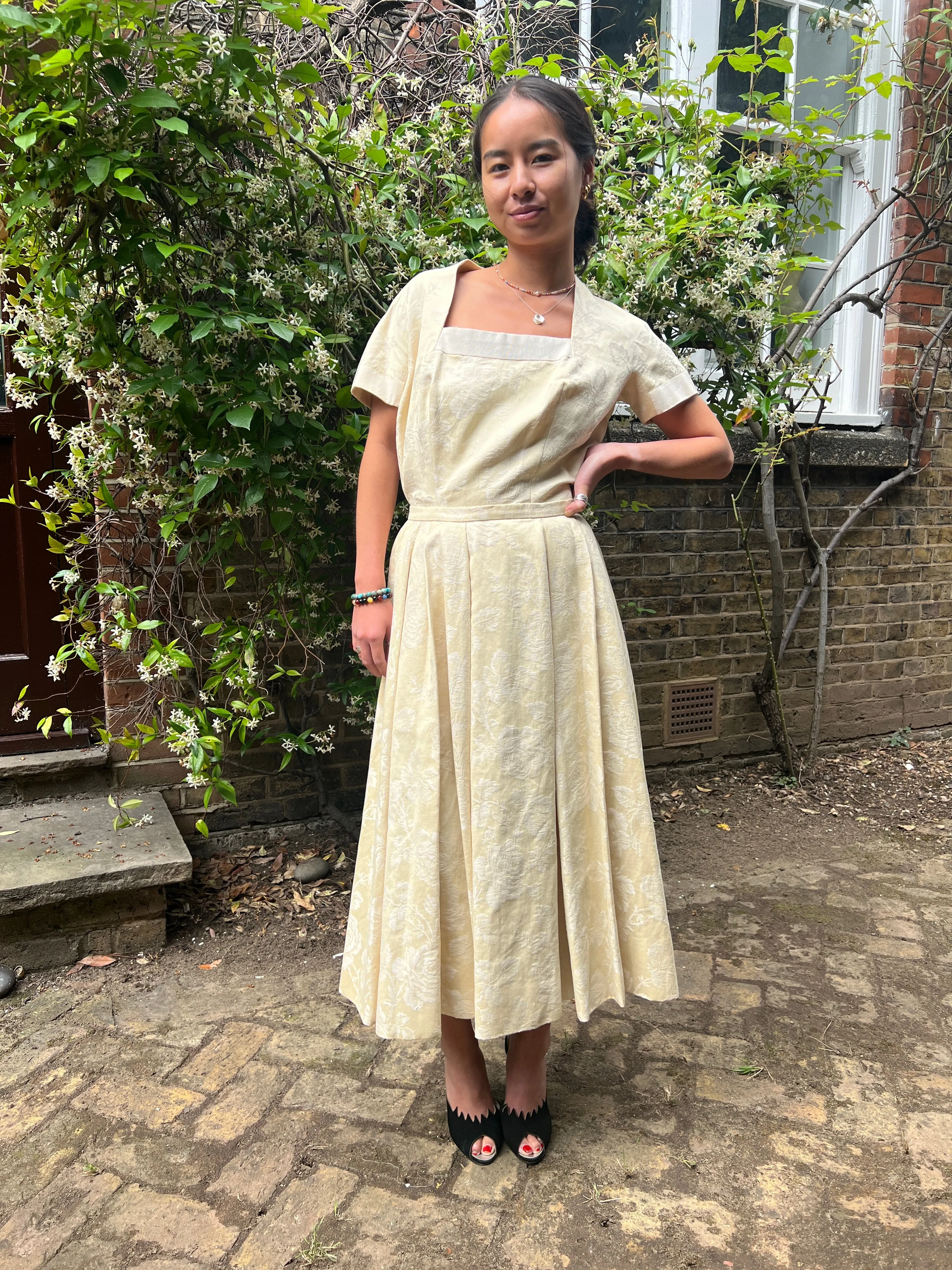 Pierre Balmain 1950s Haute Couture Cream Jacquard Two Piece Bridal Set