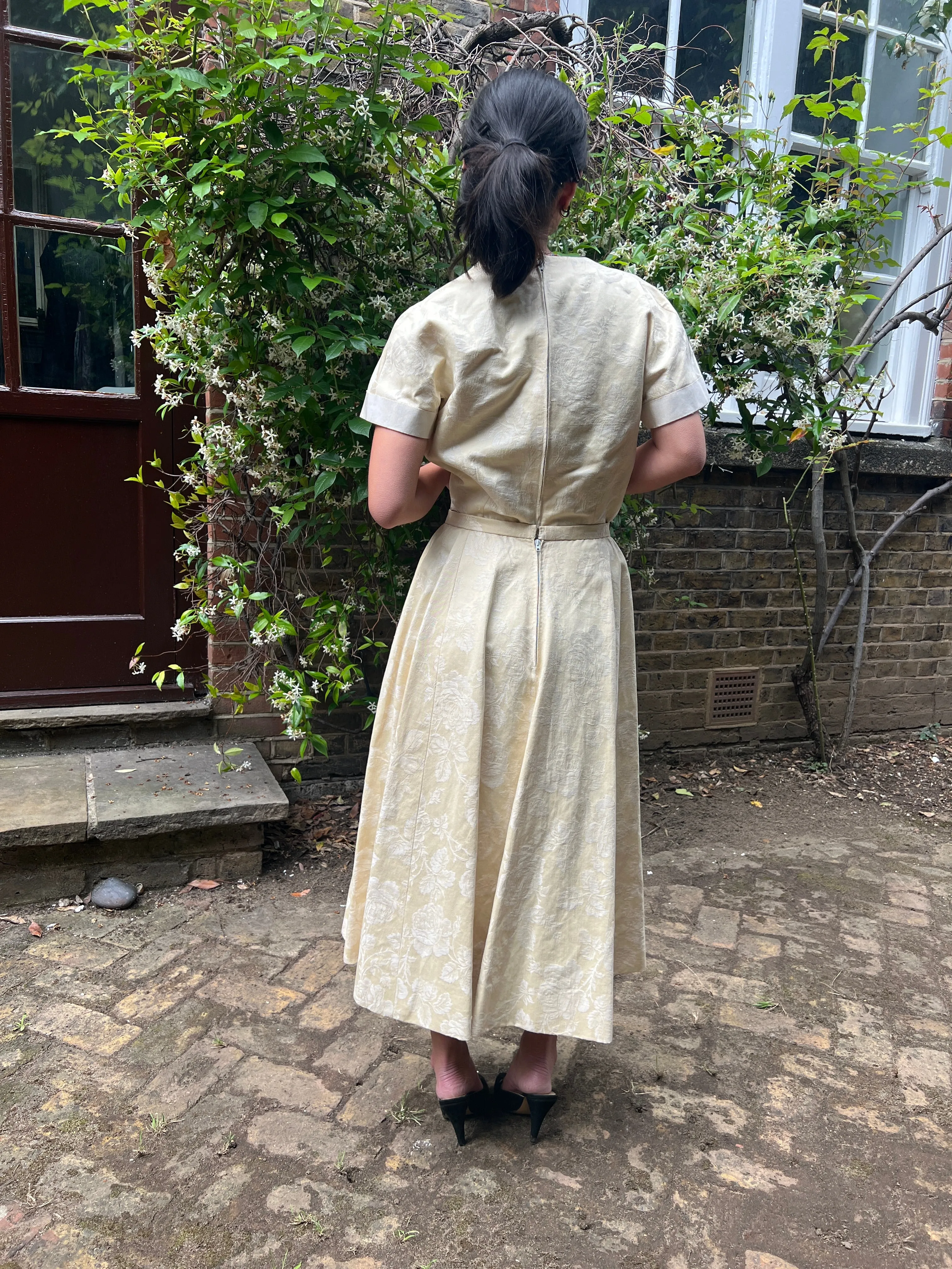 Pierre Balmain 1950s Haute Couture Cream Jacquard Two Piece Bridal Set