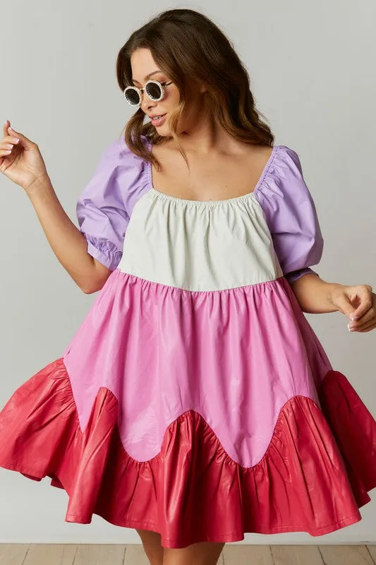 Pink/Lavender Coated Color Block Babydoll Mini Dress