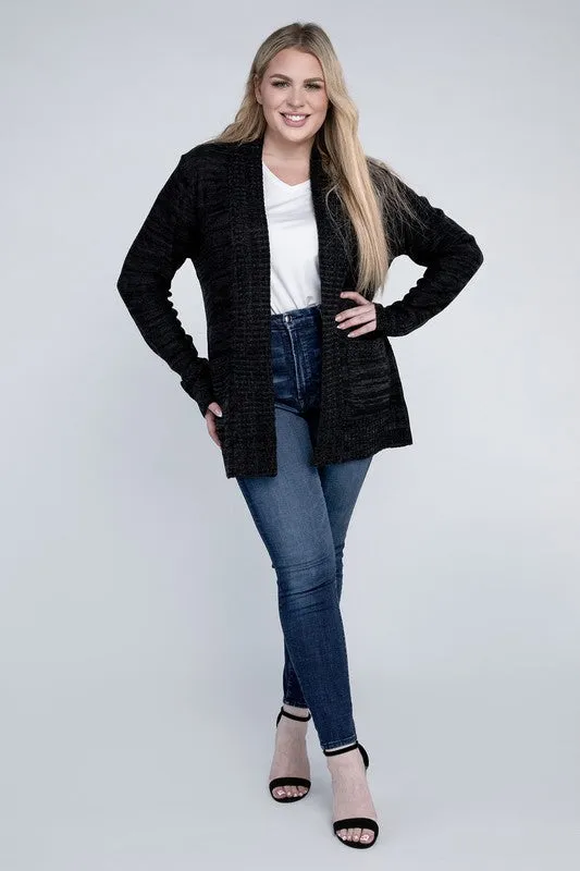 Plus Solid Open Front Knit Cardigan