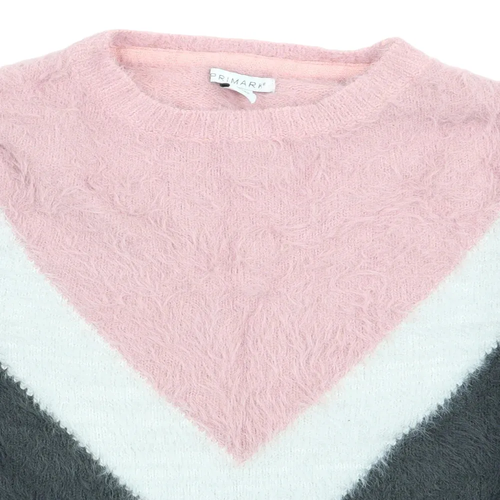 Primark Fluffy Pink/Grey & White Chevron Jumper - Girls 9-10yrs