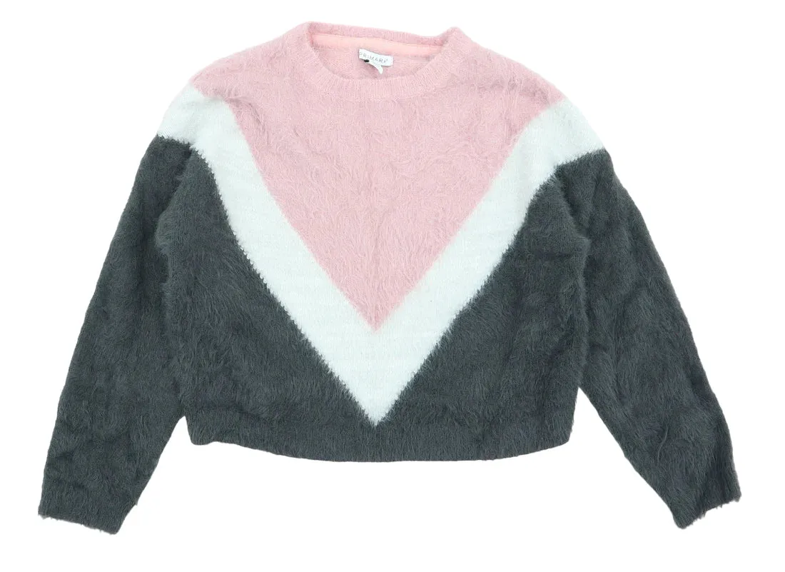Primark Fluffy Pink/Grey & White Chevron Jumper - Girls 9-10yrs