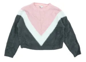 Primark Fluffy Pink/Grey & White Chevron Jumper - Girls 9-10yrs