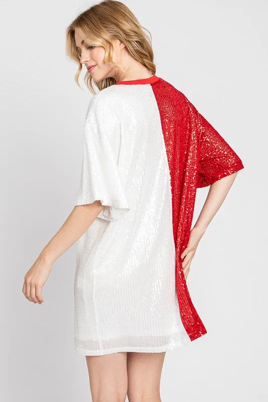 Red/White Color Block Sequin Dress Top