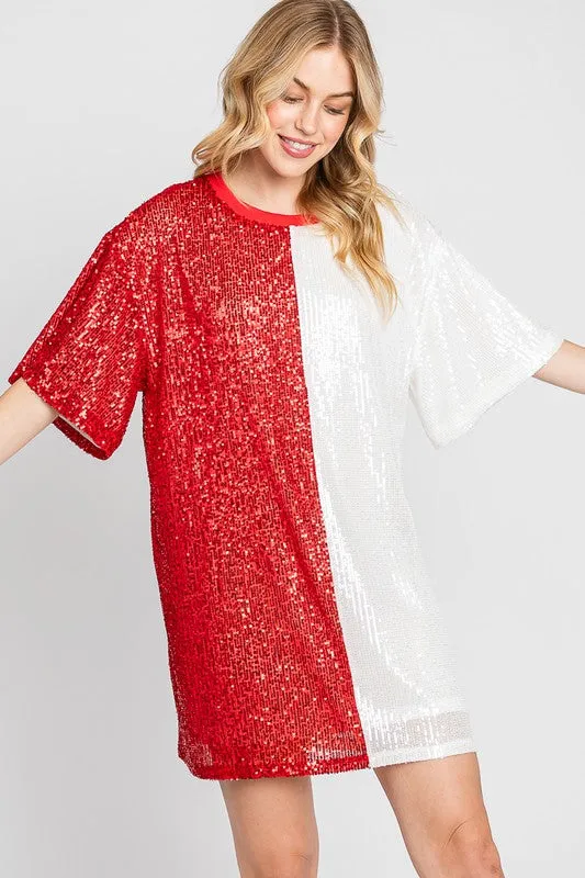 Red/White Color Block Sequin Dress Top