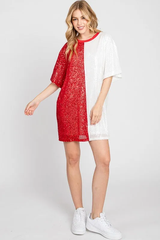 Red/White Color Block Sequin Dress Top