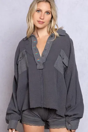 Relaxed Fit Half Button Oversized Long Sleeve Top