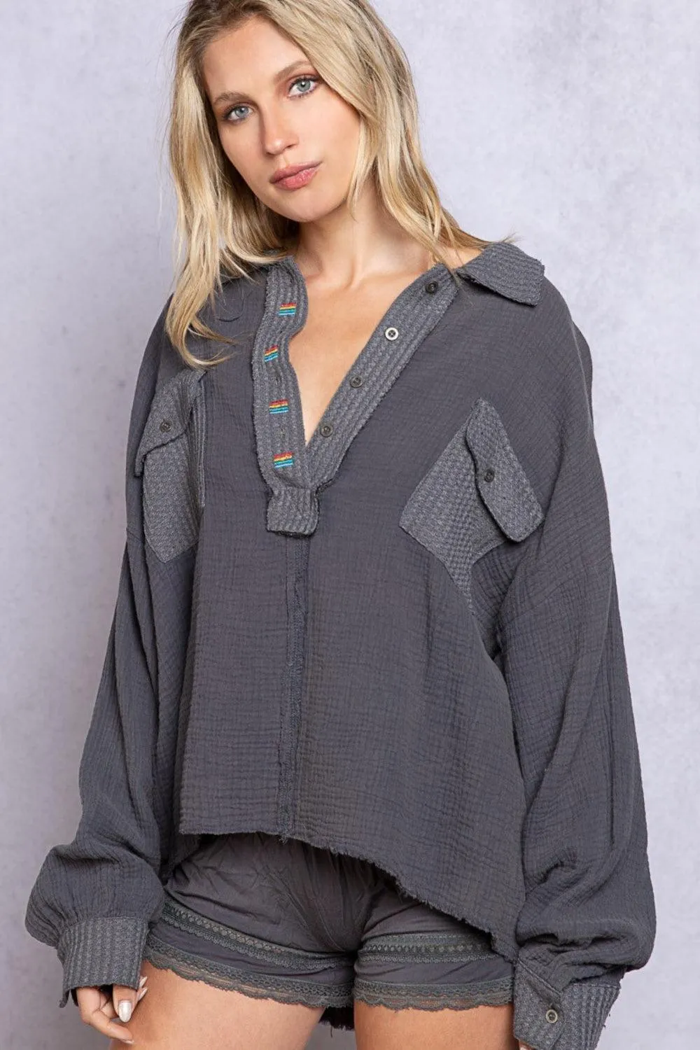 Relaxed Fit Half Button Oversized Long Sleeve Top