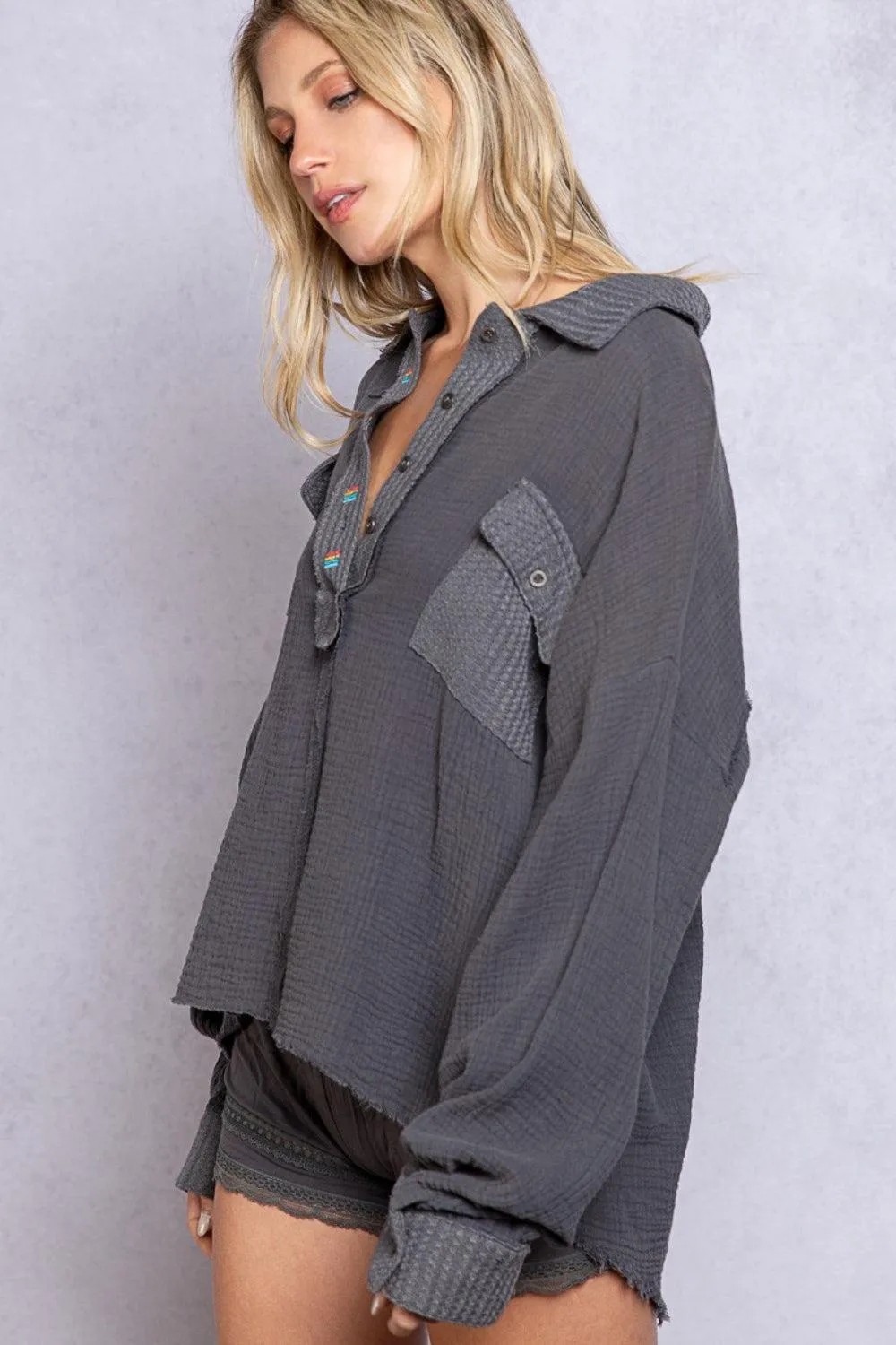 Relaxed Fit Half Button Oversized Long Sleeve Top