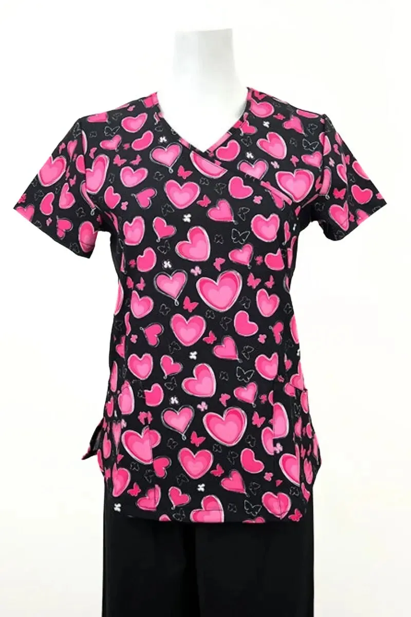 Revel Women's Mock Wrap Print Scrub Top | Pink Hearts and Butterflies