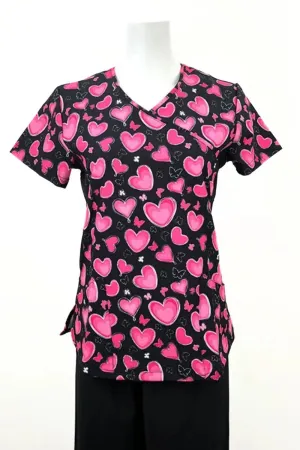 Revel Women's Mock Wrap Print Scrub Top | Pink Hearts and Butterflies