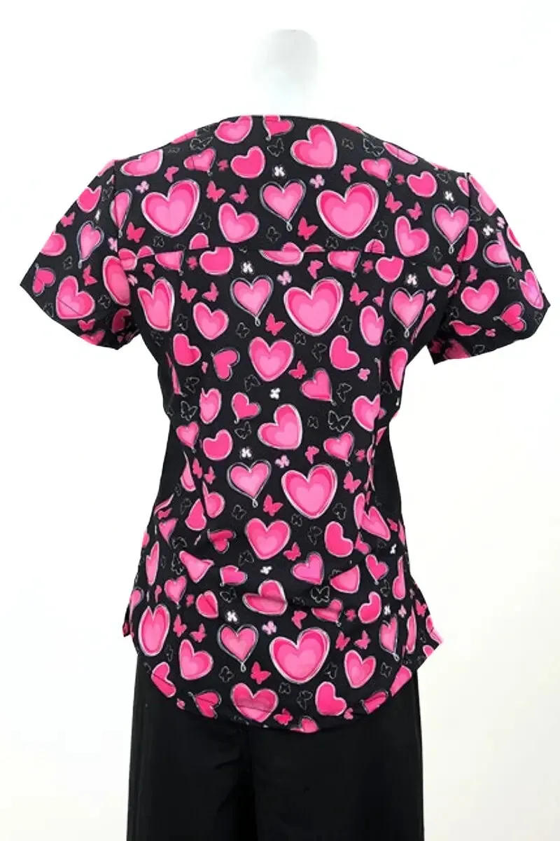 Revel Women's Mock Wrap Print Scrub Top | Pink Hearts and Butterflies