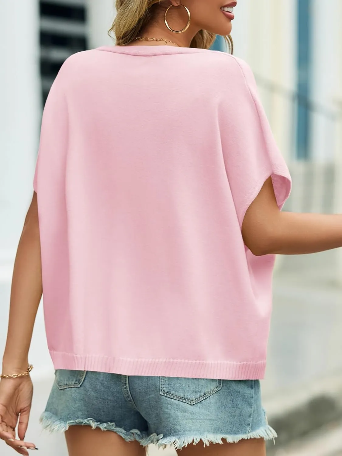 Saodimallsu Womens Summer Oversized Cardigans Batwing Short Sleeve Lightweight Button V Neck Casual Knit Sweater Tops