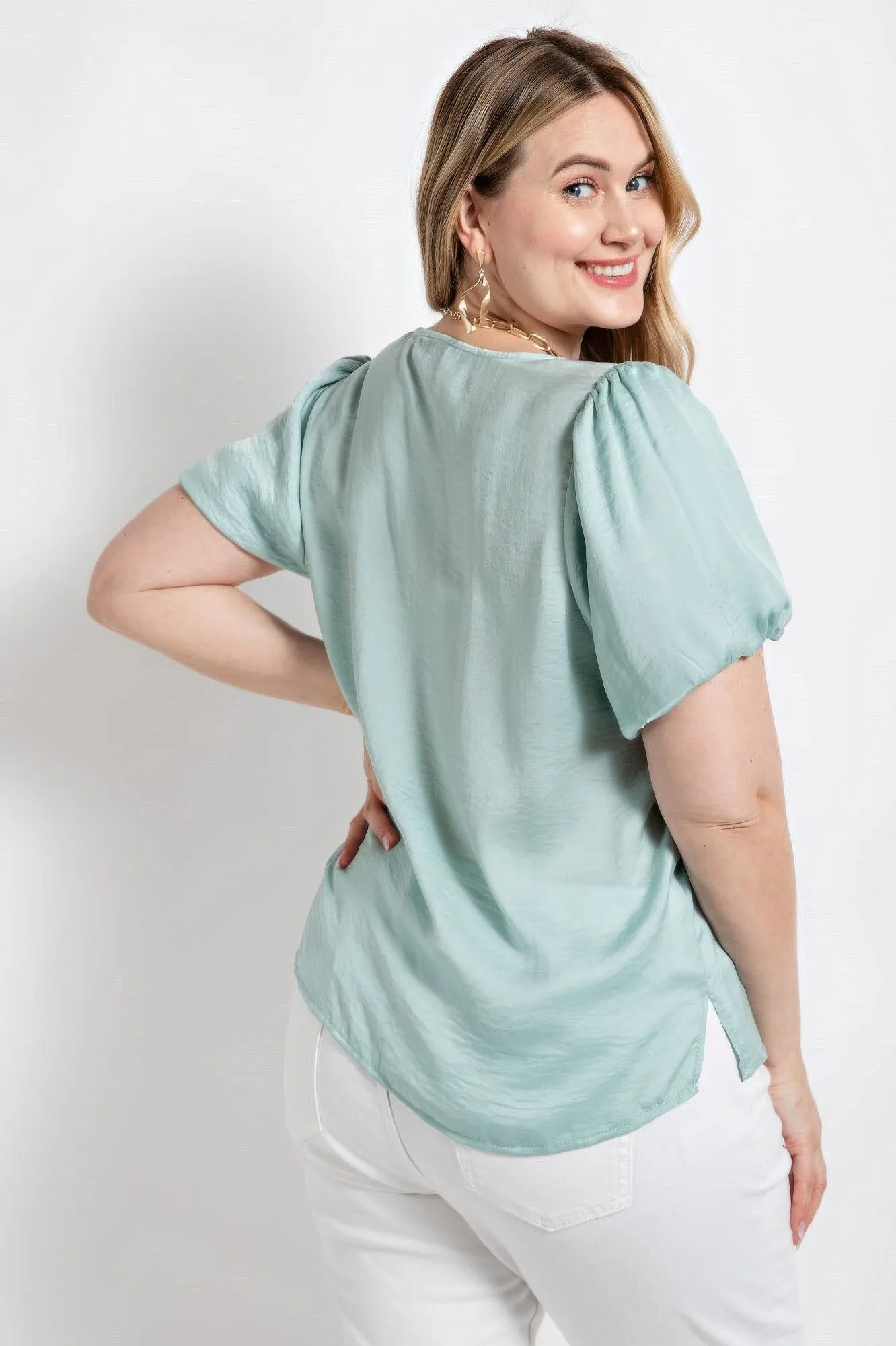 Satin Top With Ruffle Yoke And Puff Sleeves
