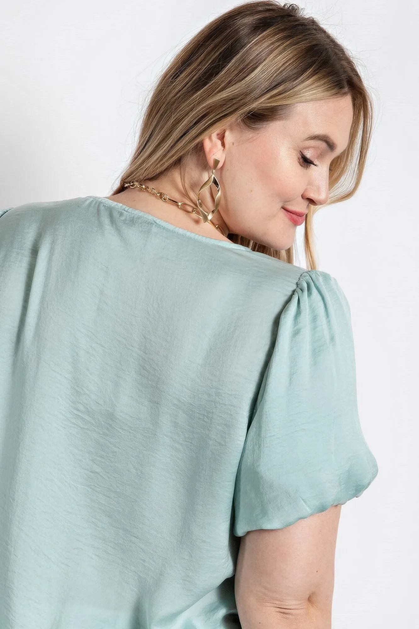Satin Top With Ruffle Yoke And Puff Sleeves